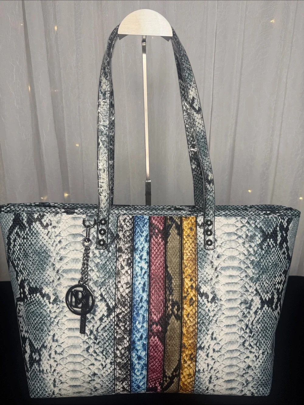 Python-Texture Tote with Multicolor Stripe Accents